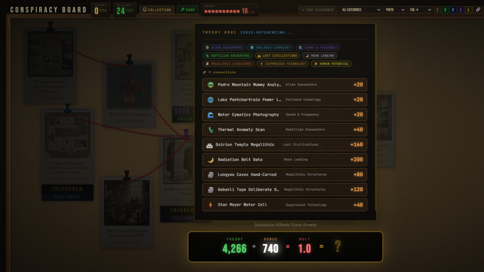 Theory scoring breakdown showing evidence connections, category tags, point breakdown with theory + bonus times multiplier